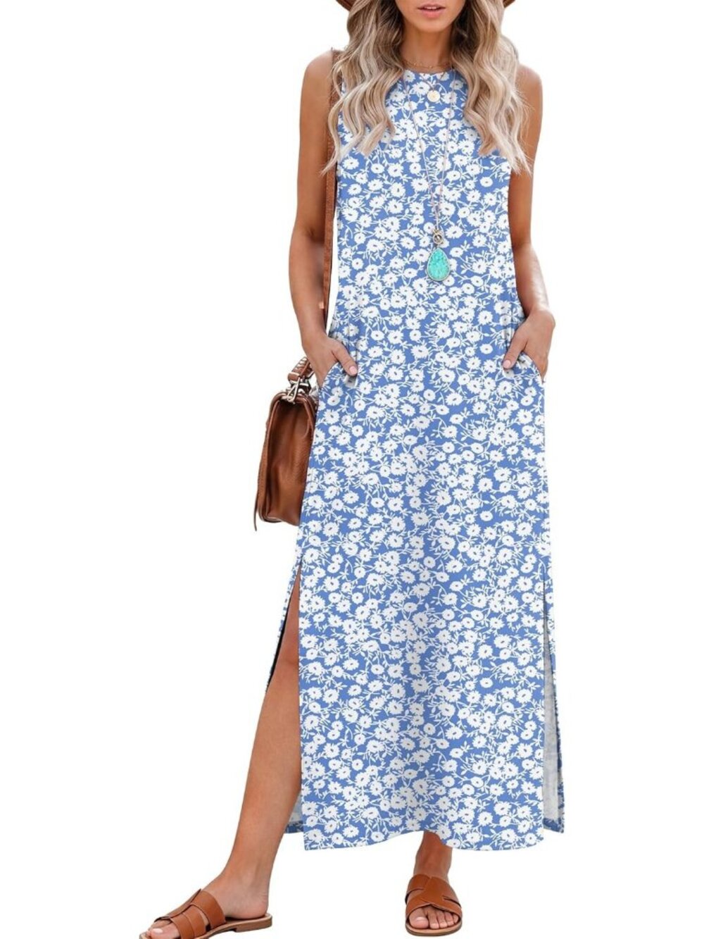 Women Blue White Summer Maxi Long Dress Sleeveless Side Slit Casual With Pockets